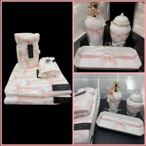 9pc Pink Parisienne Coquette Bow Bath Hand Tip Towel Set Soap Pump Jar & Tray